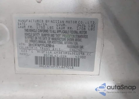 2015 Nissan Versa 1.6 S+ z USA, uszkodzony, nr VIN 3N1CN7AP7FL829018